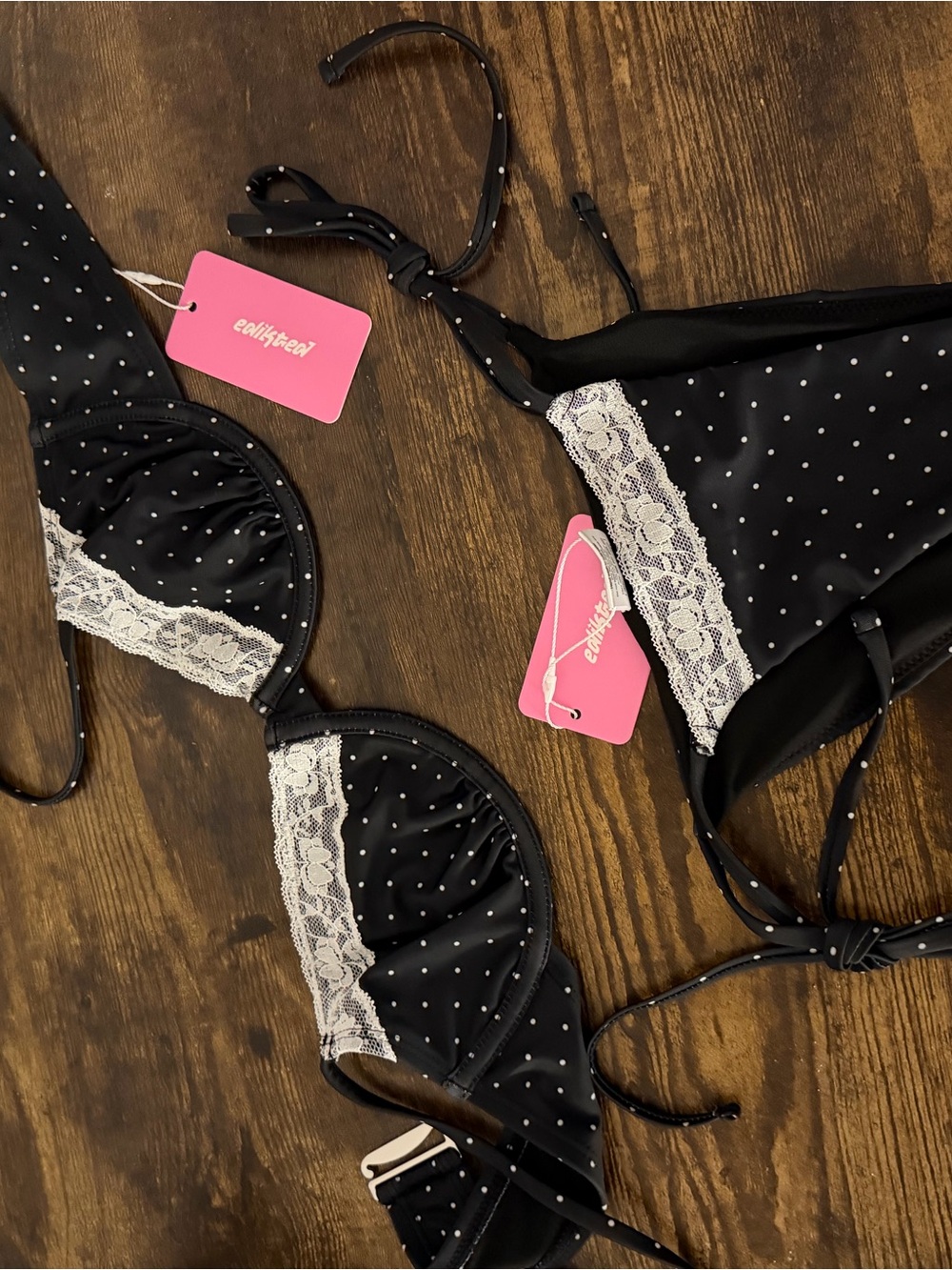 Edikted Black & White Polka Dot Bikini with Lace Trim